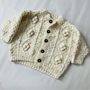 Hand Knit Baby Cardigan Cream Speckled Bobble Chunky Knit Sweater